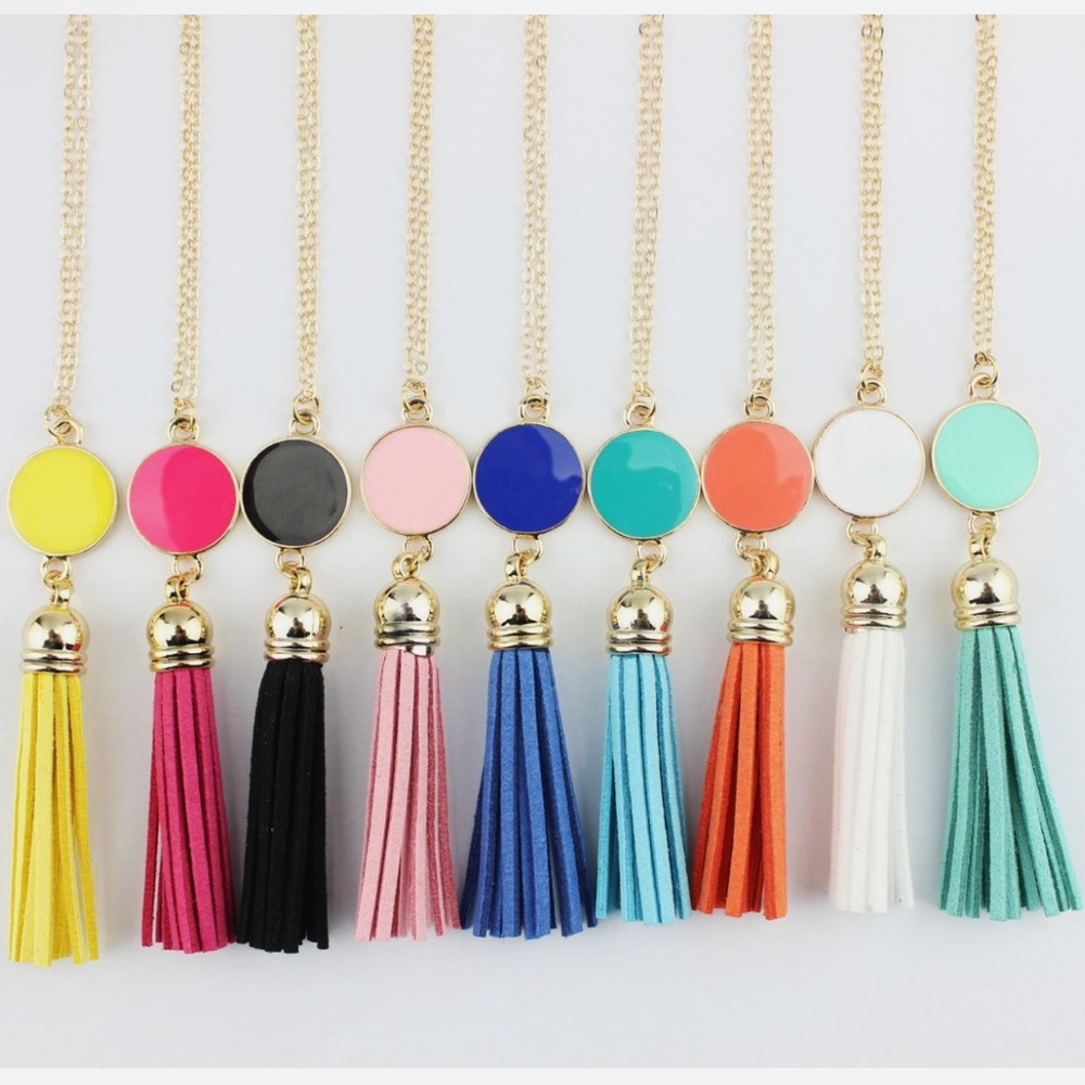 (3/$30) Monogram Enamel Disc Leather Long Chain Pendant Tassel Necklace